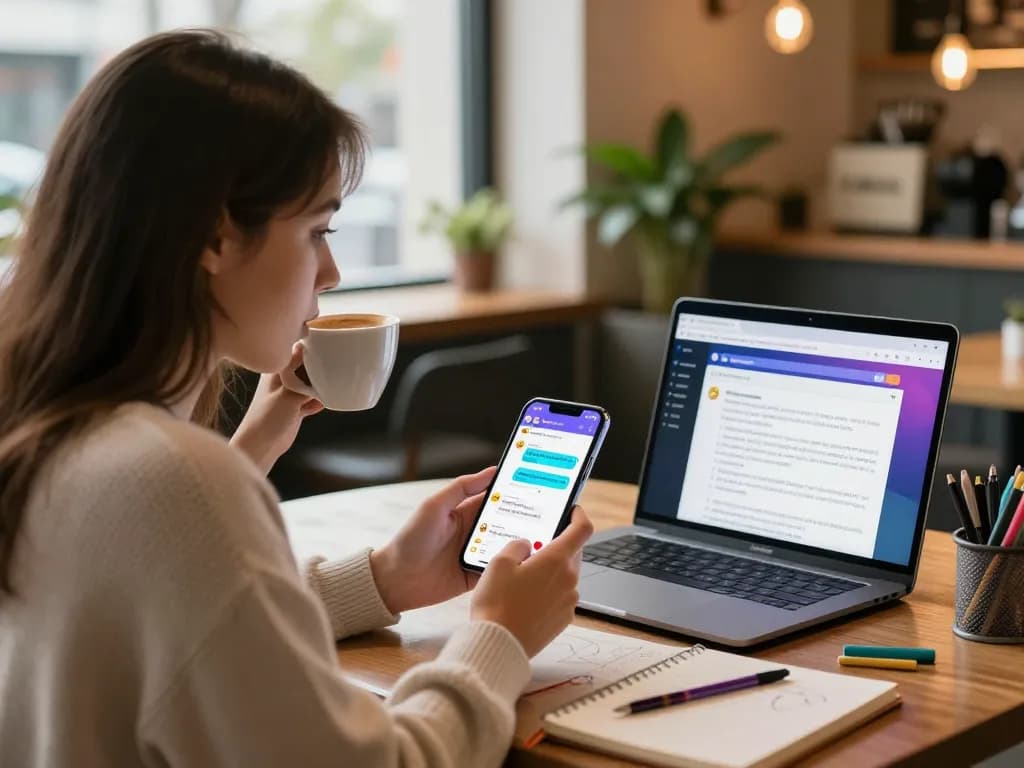A young woman enjoying a chat with her girlfriend AI on her smartphone at a café, illustrating modern digital companionship.