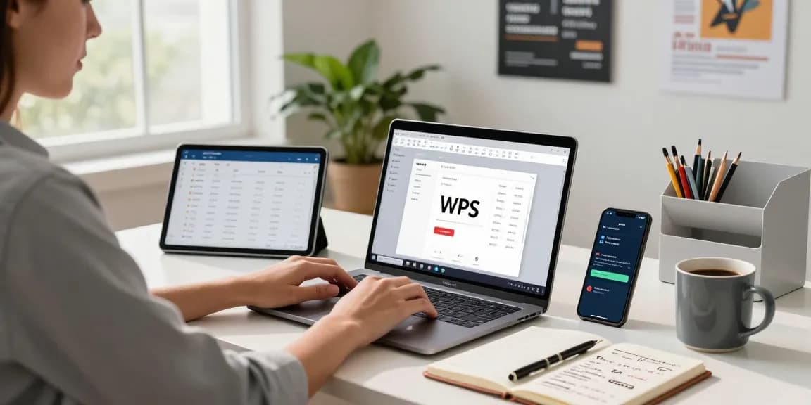WPS Download depicted in a modern home office with productivity tools and a professional at work.