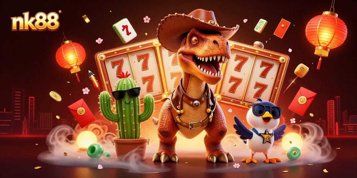 Play thrilling games on nk88 with vibrant T-Rex, cactus, and roadrunner in a lively casino scene.