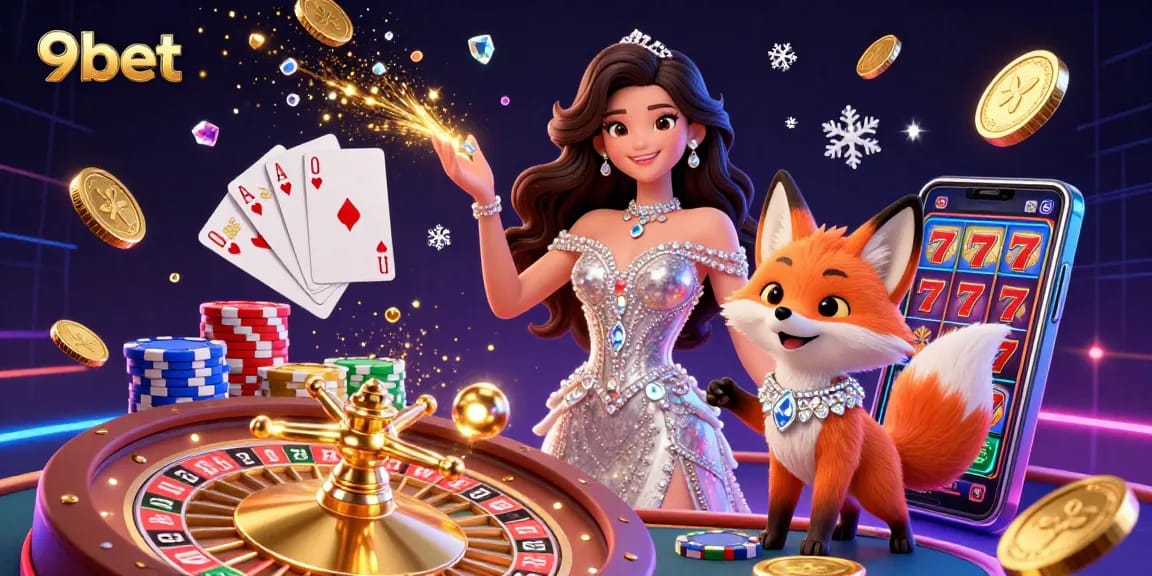 Engage with thrilling 9bet casino experiences amidst an exciting 3D illustration featuring glamorous characters and vibrant gaming elements.
