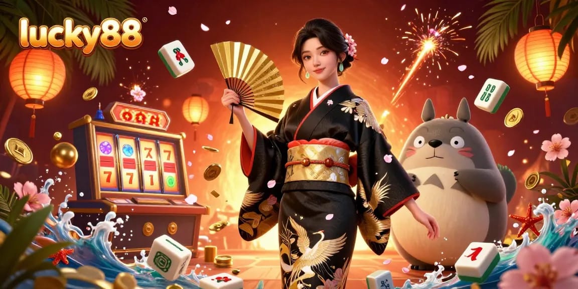 Join the excitement at lucky88 with vibrant slots and festive elements in this dynamic casino scene.