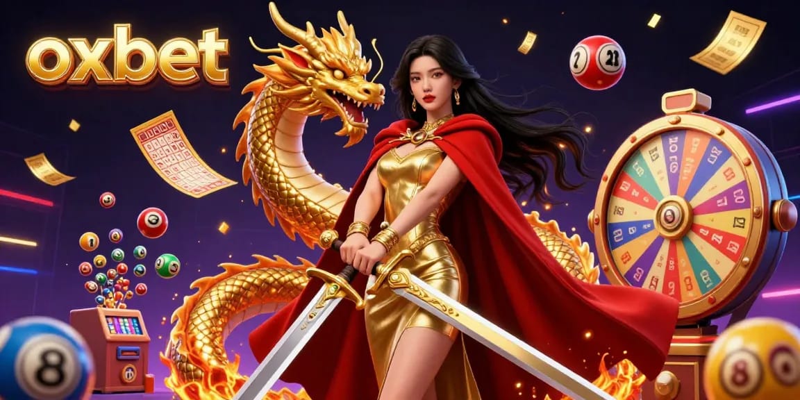 Engage with OXBET's vibrant gaming world featuring dynamic lottery elements and a stunning warrior queen.