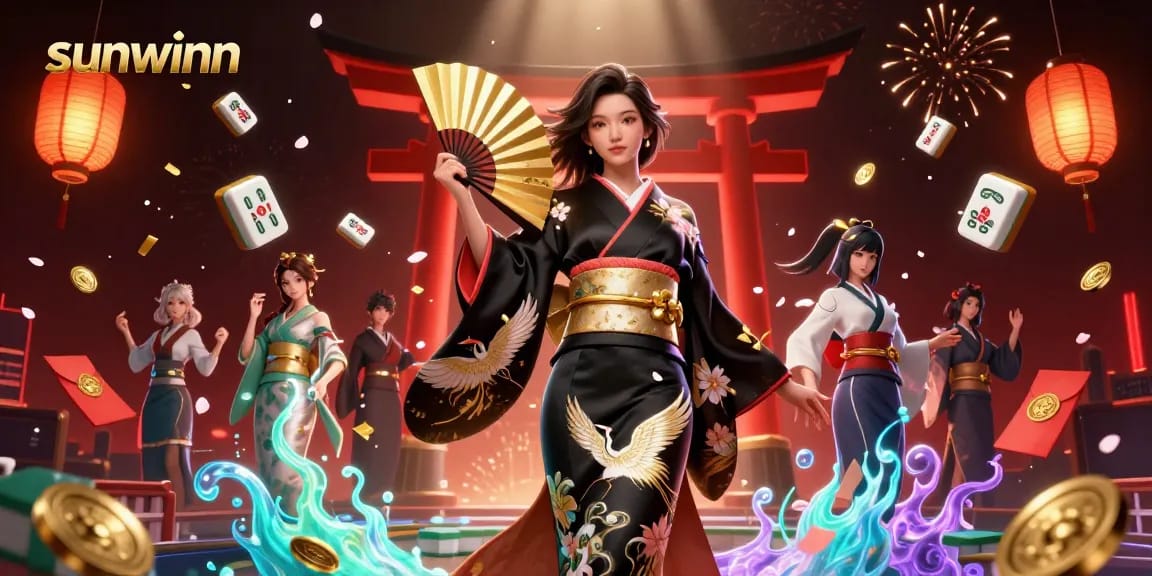 Experience winning moments at sunwinn with an elegant Asian woman symbolizing luck and fortune.