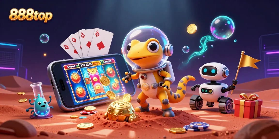 Experience thrilling gameplay with 888top's vibrant Martian casino scene featuring exciting slot games.
