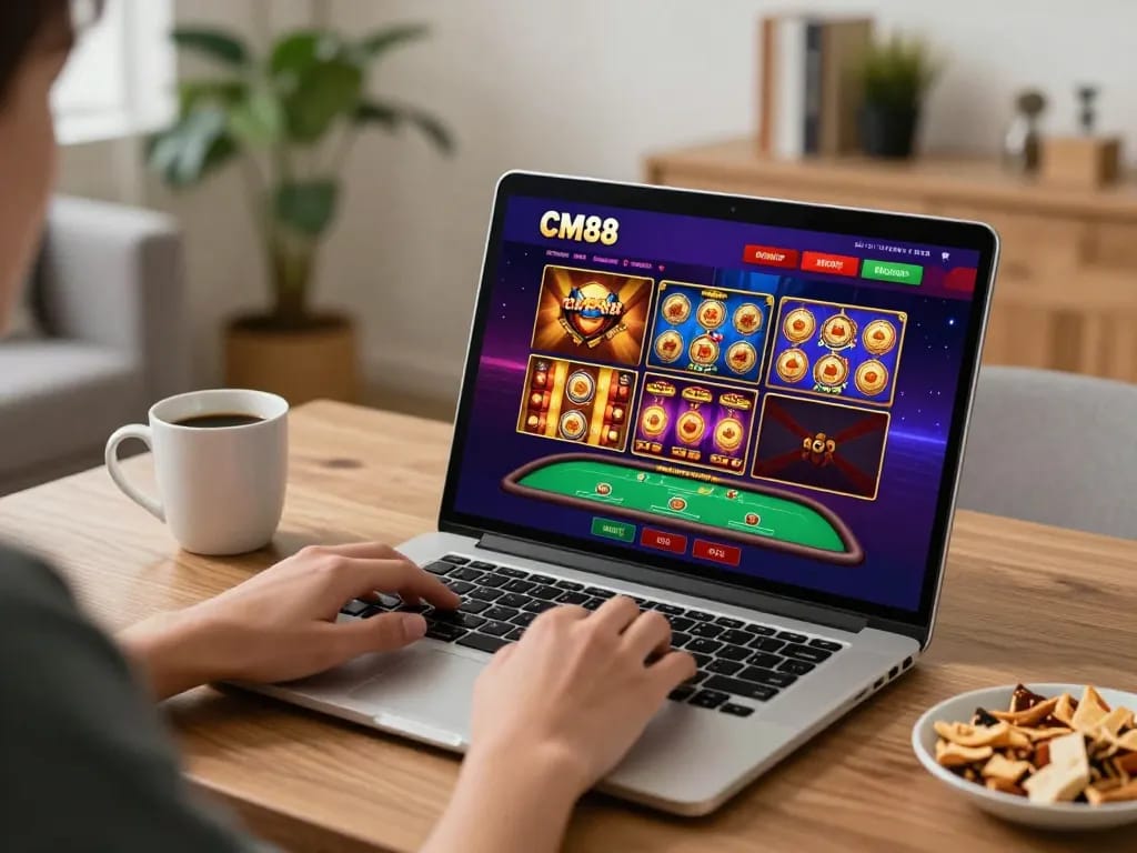 Player engaging with CM88 online casino gaming platform at home, showcasing interactive slots and poker.