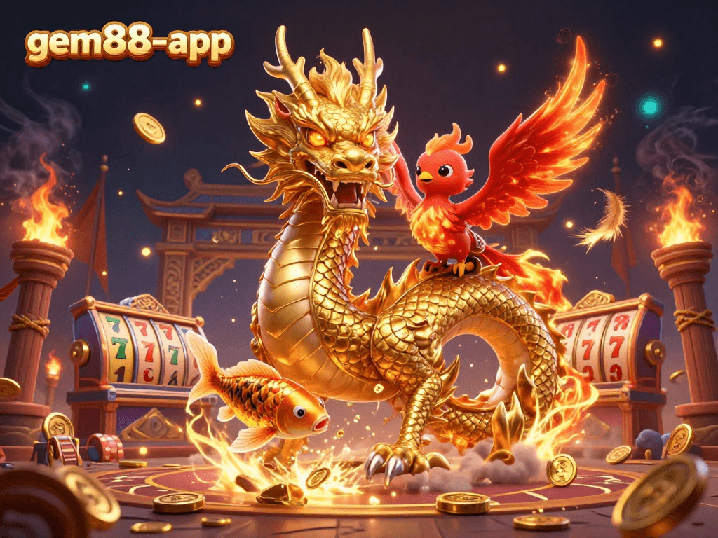 Experience winning moments with gem88-app, featuring a golden dragon, phoenix, and koi fish in a vibrant casino scene.