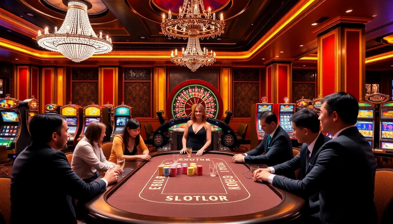 Engaging in high-stakes poker at 13win-asia.com amidst a luxurious casino scene.