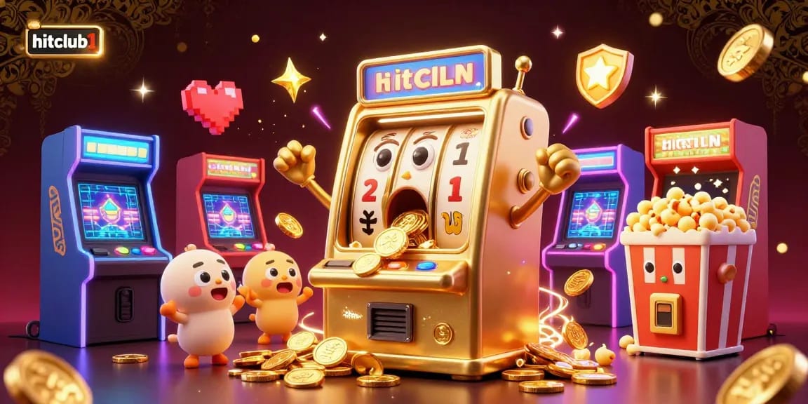 Experience big wins at hitclub1 with golden slot machines celebrating jackpots amidst a vibrant gaming scene.