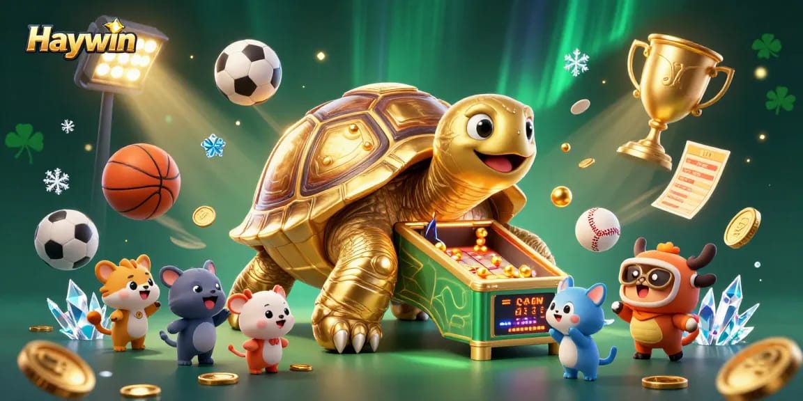 Experience exciting gambling action with Haywin's colossal golden tortoise pinball machine highlighting thrilling gameplay.