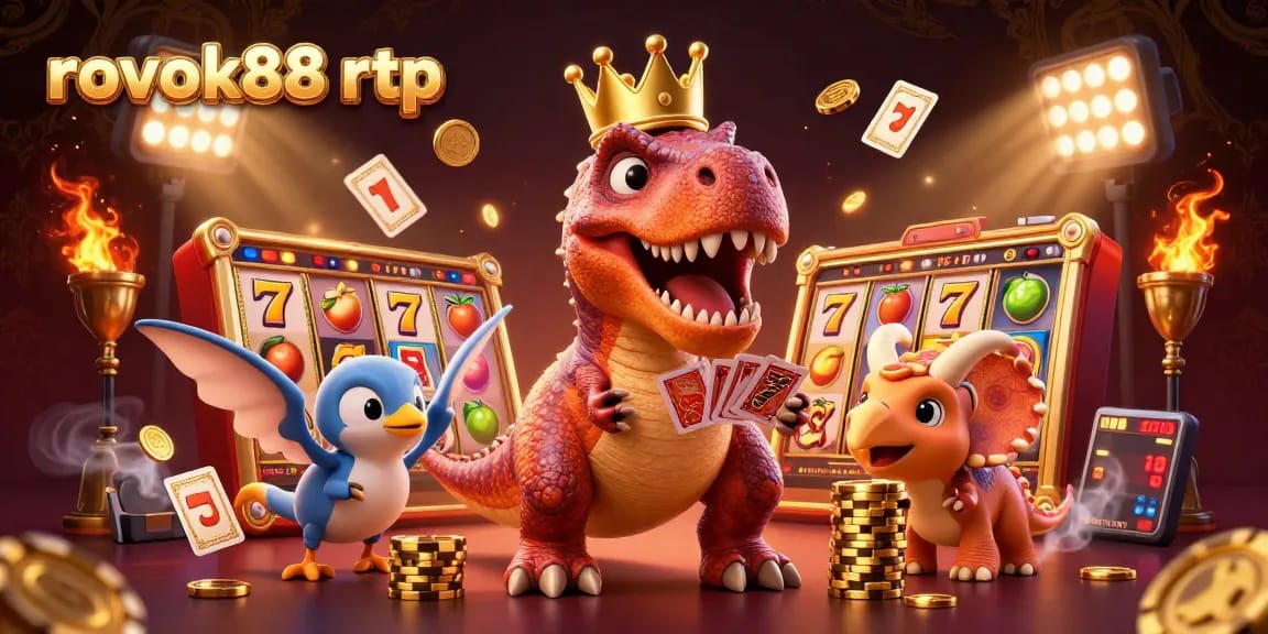 rokok88 rtp showcases a T-Rex card shuffle amidst a vibrant casino scene with slots and golden chips.