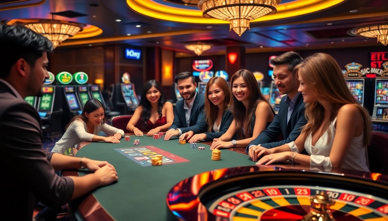 Cổng game Hitclub: Players immersed in an exciting casino scene with vibrant gaming tables and slot machines.