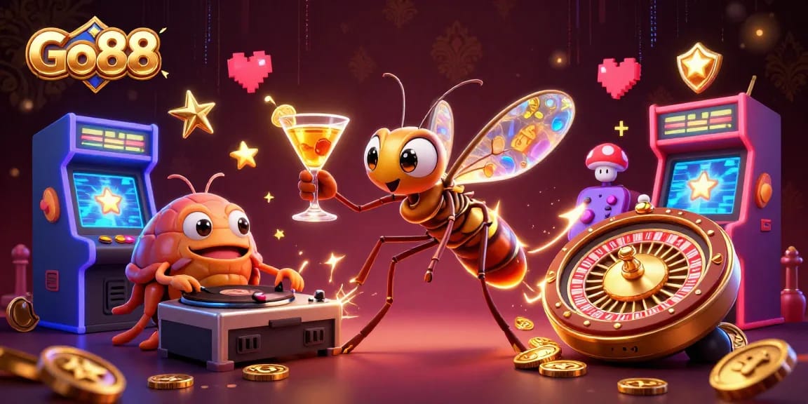 Experience excitement at Go88 with a lively casino scene featuring unique characters and vibrant gaming elements.