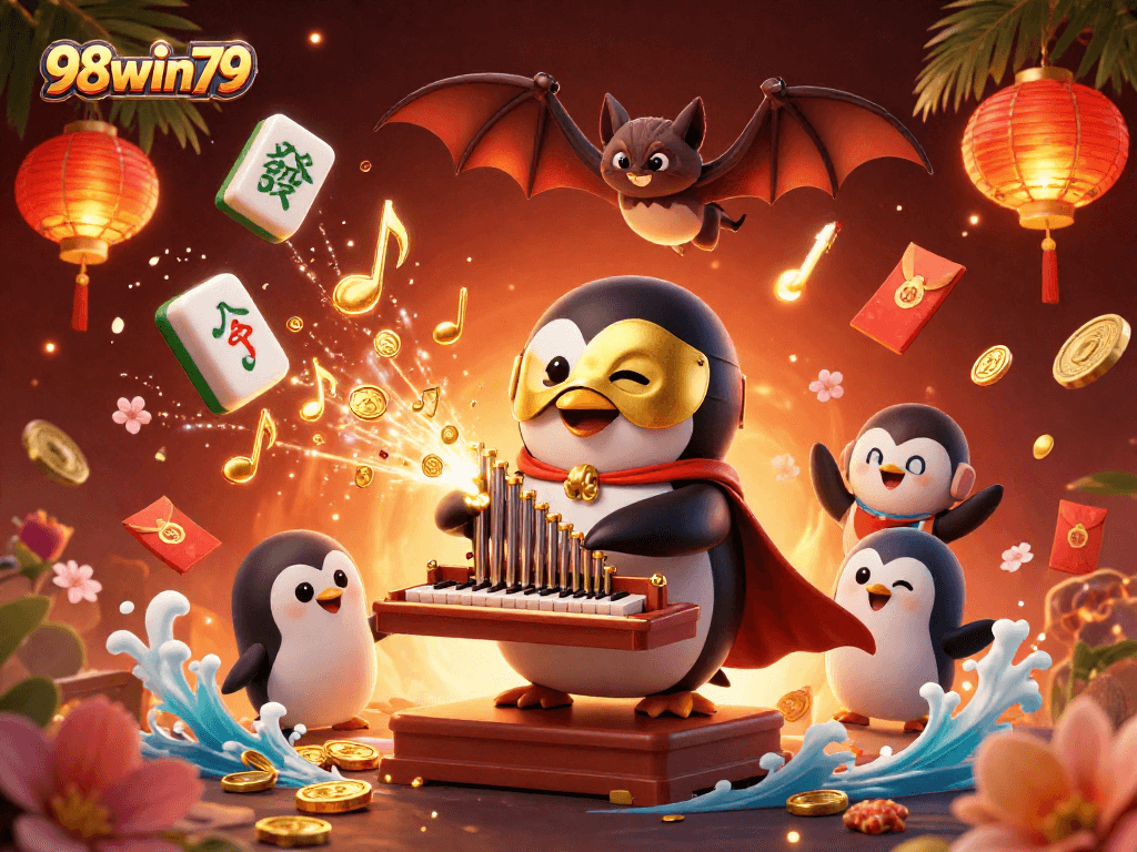 Experience excitement with the 98win79 casino scene filled with coins, lights, and joyful characters!