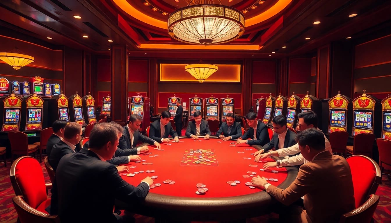 Excited gamblers playing poker at vin88 casino with colorful chips and slot machines in the background.