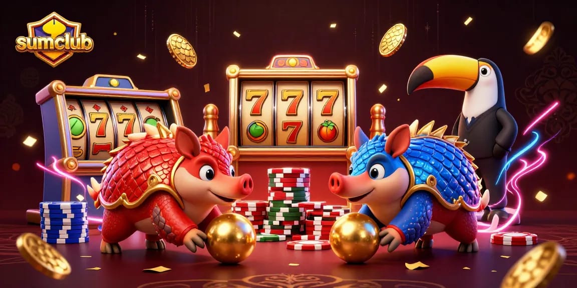 Engage with sumclub as rival pangolins roll through golden jackpot symbols and poker chips in an exciting casino scene.