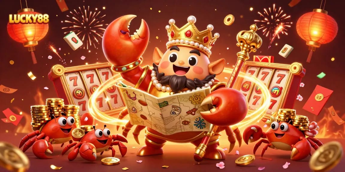 Engage with LUCKY88 slot action featuring a majestic crab emperor amidst a vibrant casino celebration.