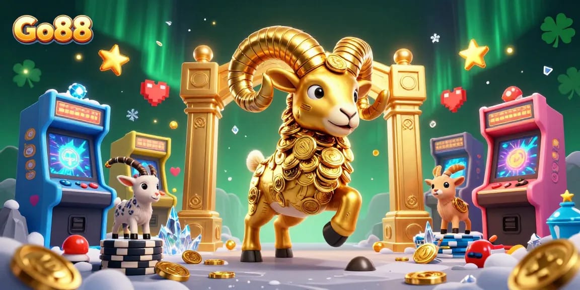 Engage in exciting gameplay at Go88 with vibrant 3D casino elements and a golden ram charging through.