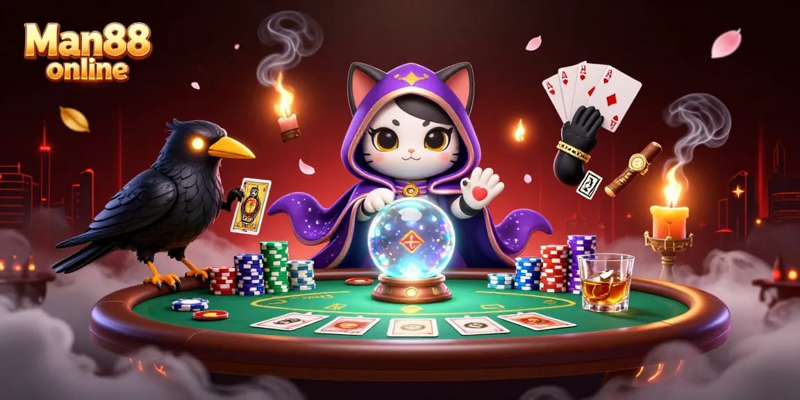 Engage in games at Man88 online casino with mystic cat and fortune teller elements in action.