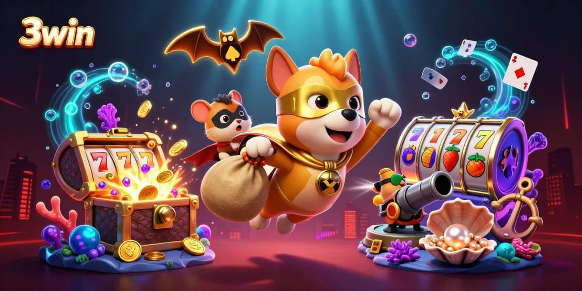 Engage with 3win as a superhero dog flies through a vibrant casino world loaded with treasure and adventure.