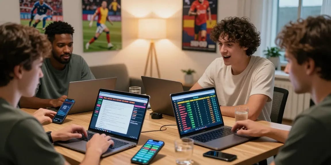 Zahraniční sázkové kanceláře v akci, skupina hráčů vsadí online s moderními zařízeními v domácím prostředí.