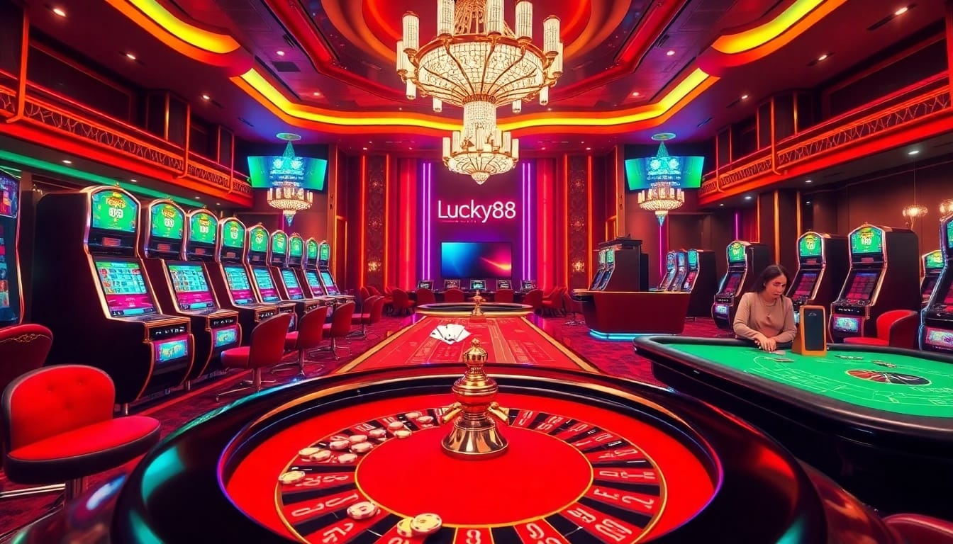 Experience the thrill of online gambling at https://lucky88ai.net/ with luxurious casino visuals featuring live tables and vibrant slot machines.