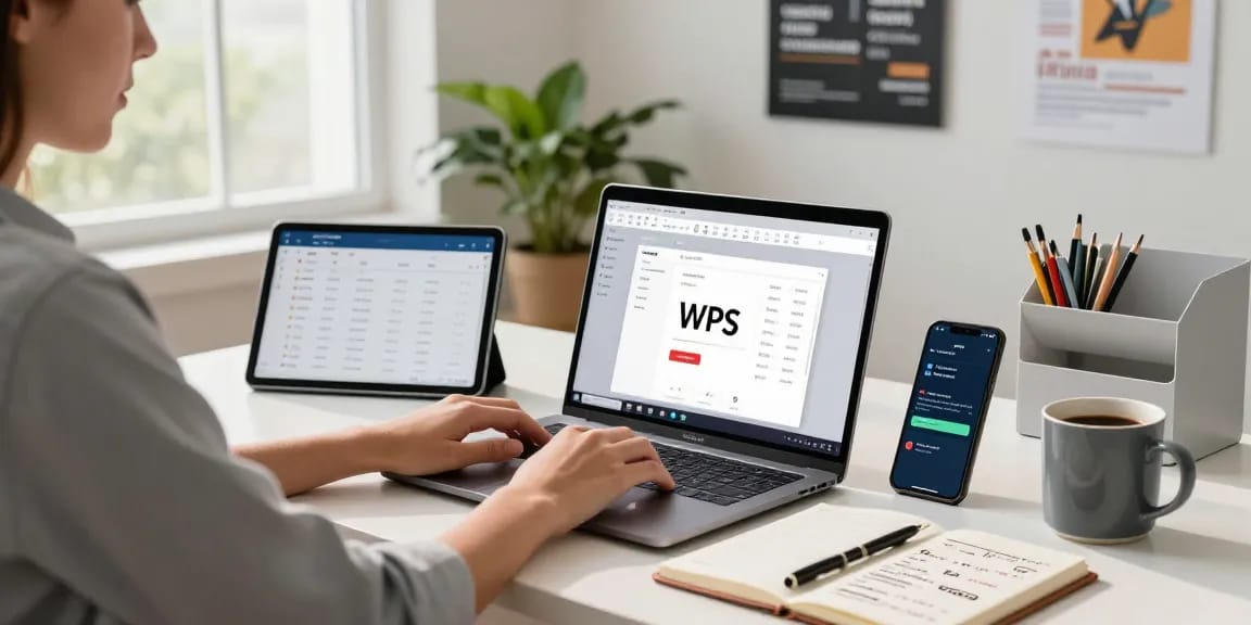 WPS Download depicted in a modern home office with productivity tools and a professional at work.