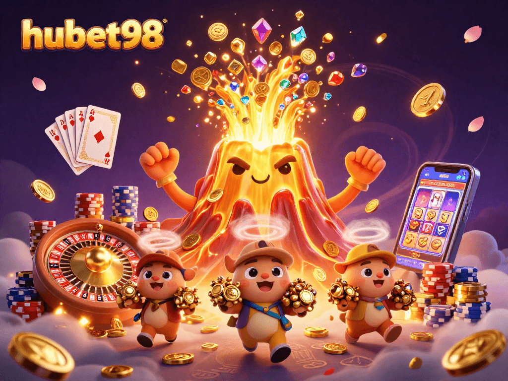 Experience thrilling wins at hubet98 with a vibrant illustration of a golden volcano erupting treasure, showcasing dynamic gambling elements.