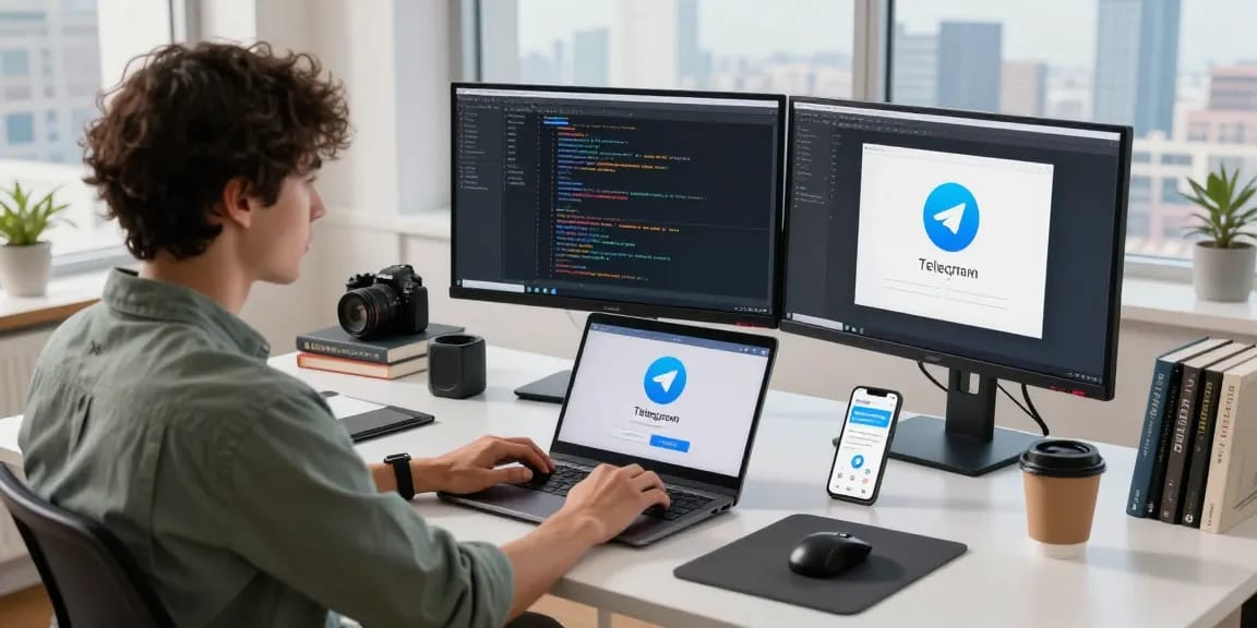 Developer downloading Telegram Download on laptop in a modern workspace with tech gadgets.