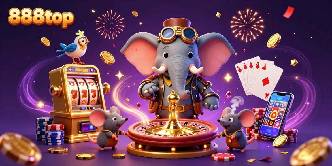 Experience the thrill of 888top with steampunk characters and vibrant casino elements in a rich 3D illustration.