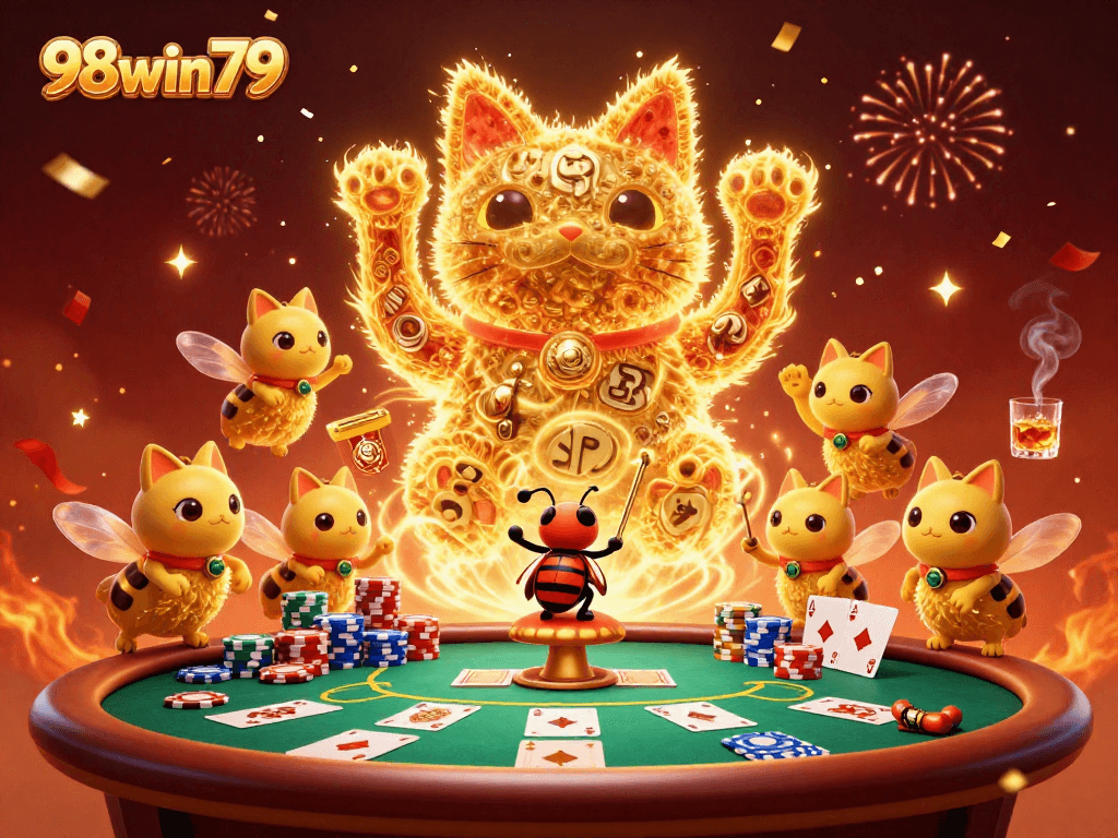 Experience thrilling action at 98win79 with a vibrant golden lucky cat and electrifying casino ambiance.