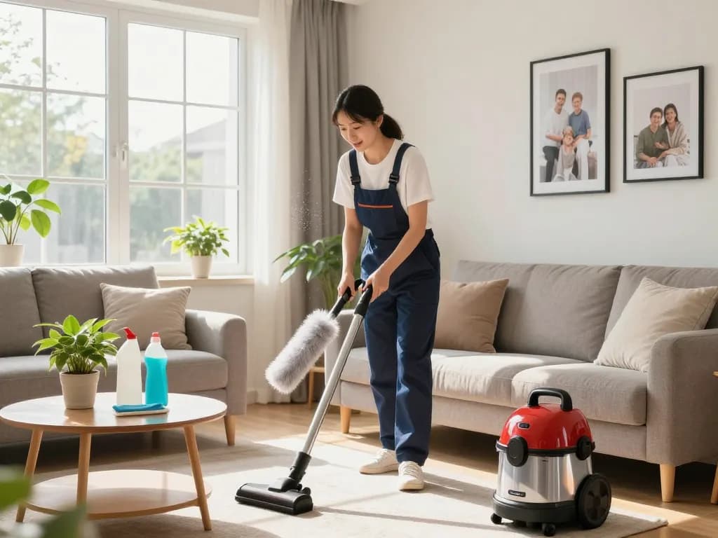 Professional cleaner organizing a tidy living room to zjistěte více about effective home cleaning.