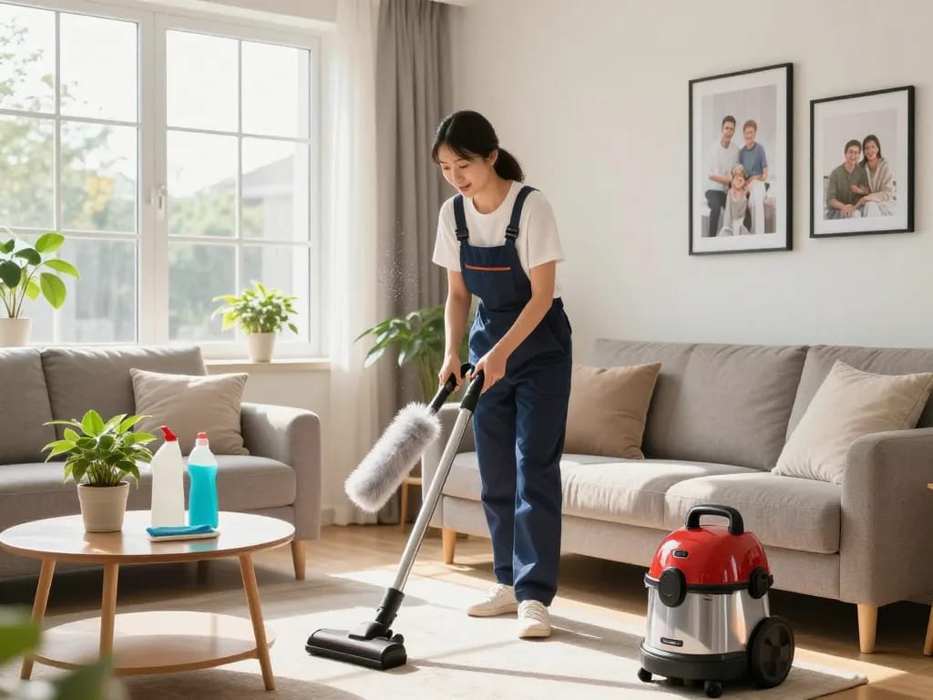 Professional cleaner organizing a tidy living room to zjistěte více about effective home cleaning.