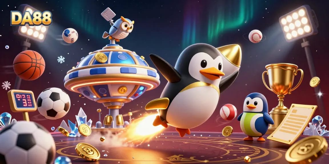 Experience the fun and excitement of betting on DA88 with a 3D cartoon penguin rocket racing towards a casino space station.