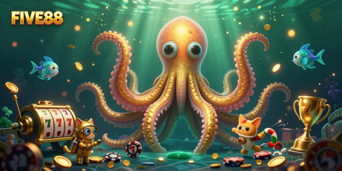 Experience the excitement of FIVE88 casino with a thrilling underwater scene featuring a kraken and vintage diving cat.