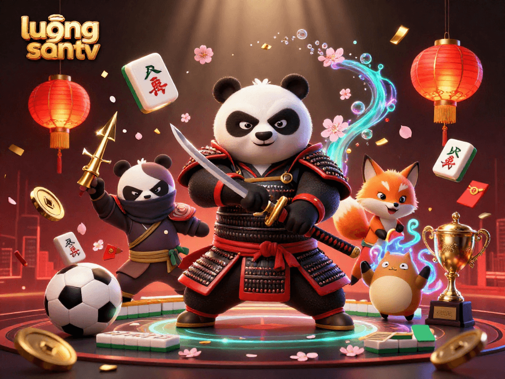 Lương sơn tv offers an exciting sports betting illustration featuring a samurai panda and ninja fox with dynamic elements.