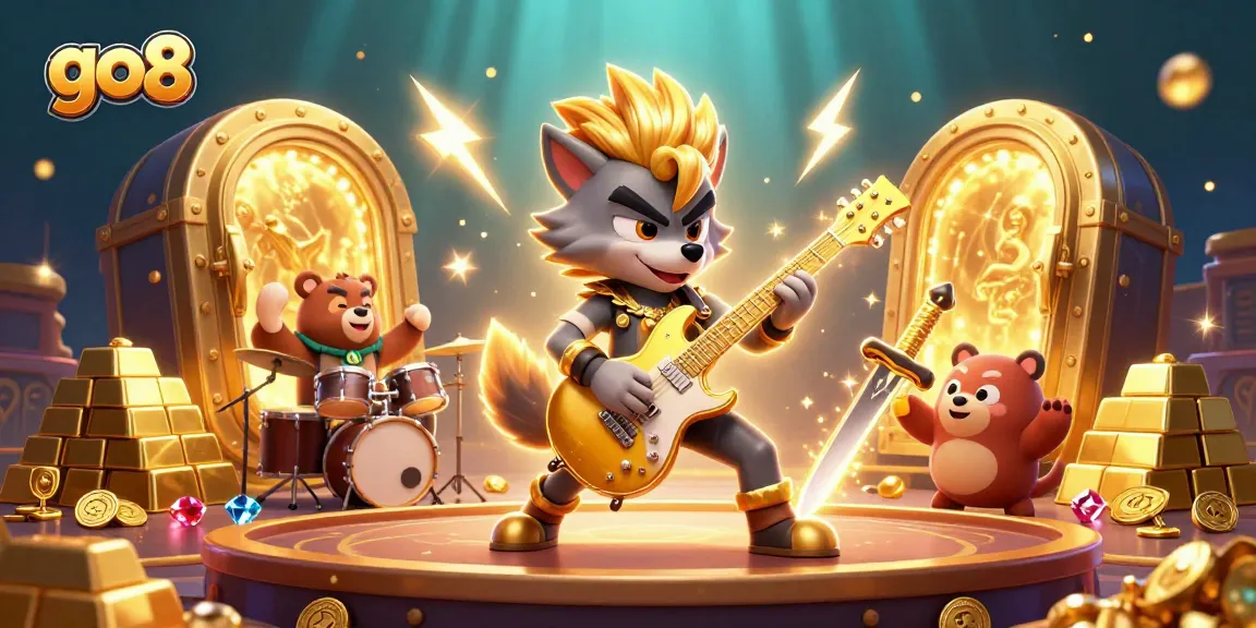 Engage with go8's thrilling electric atmosphere in a vibrant casino scene featuring rock star characters.