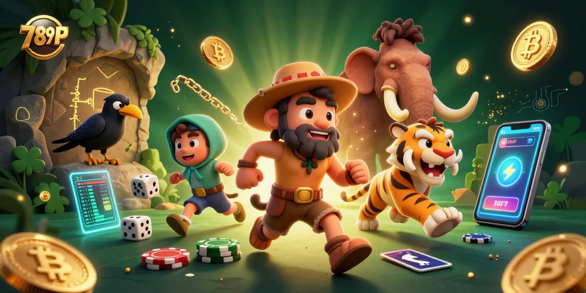 Experience the fun of 789P's prehistoric casino with a caveman and saber-tooth tiger amid floating crypto coins.