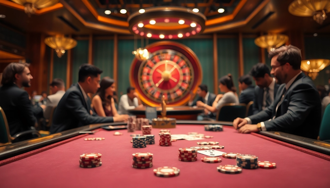 LU88 casino scene featuring an intense poker game and a spinning roulette wheel.