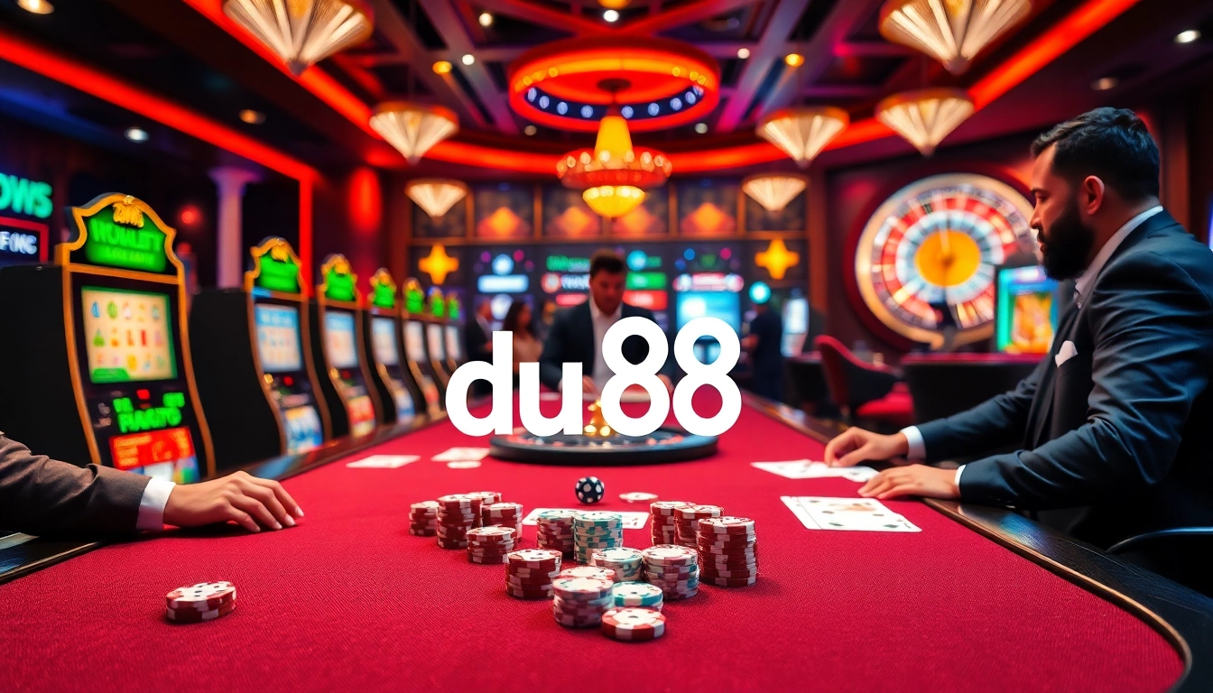 Engaged players at du 88 casino table with poker chips and cards