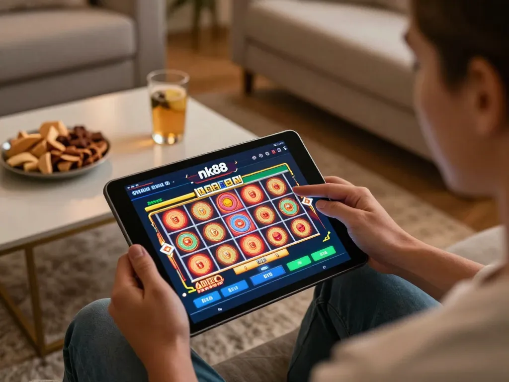 Player engaging with the nk88 app on a tablet, enjoying online slot games in a cozy home environment.