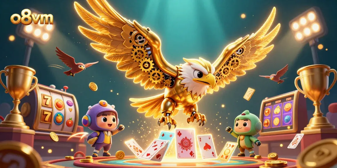 Bet on thrilling wins with o8vm, featuring a diving cybernetic eagle amidst vibrant casino elements.