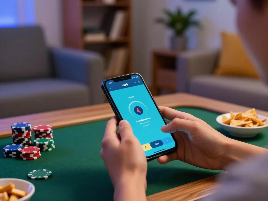 Player engaging with Alo8 mobile app for online gambling in a cozy living room setting.