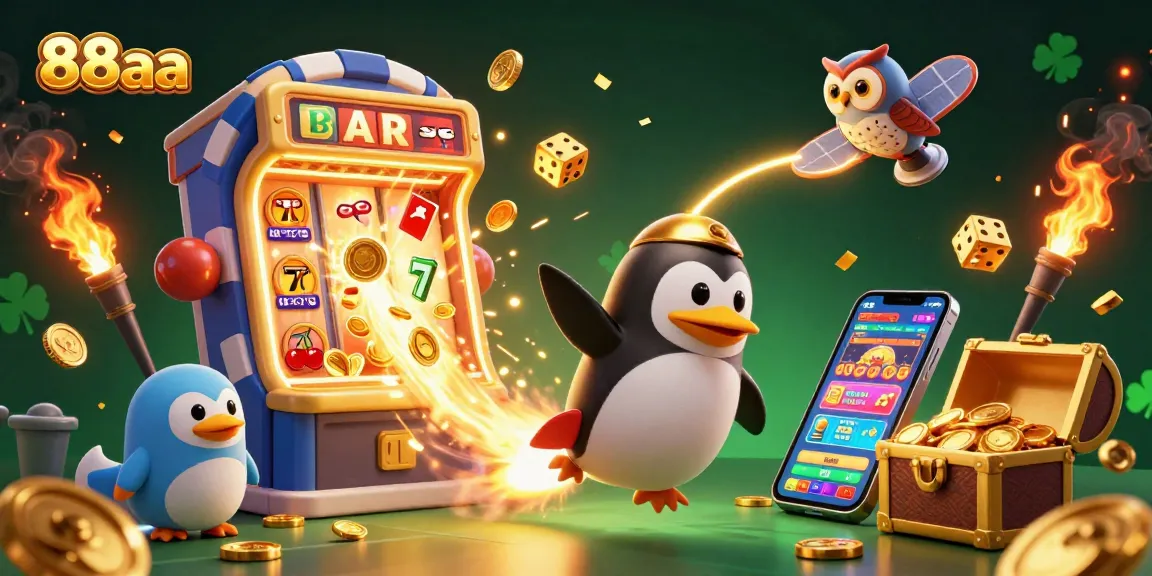 Experience thrilling gameplay with 88aa as a golden penguin races to a jackpot in this vibrant casino scene.