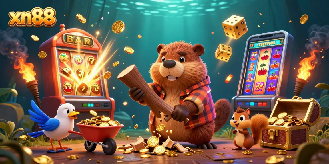 Engaging xn88 casino experience with a 3D cartoon scene featuring a beaver, bird, and squirrel creating excitement.