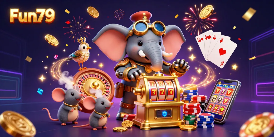 Experience the excitement of Fun79 with a dynamic 3D casino scene showcasing slot machines and gaming action.