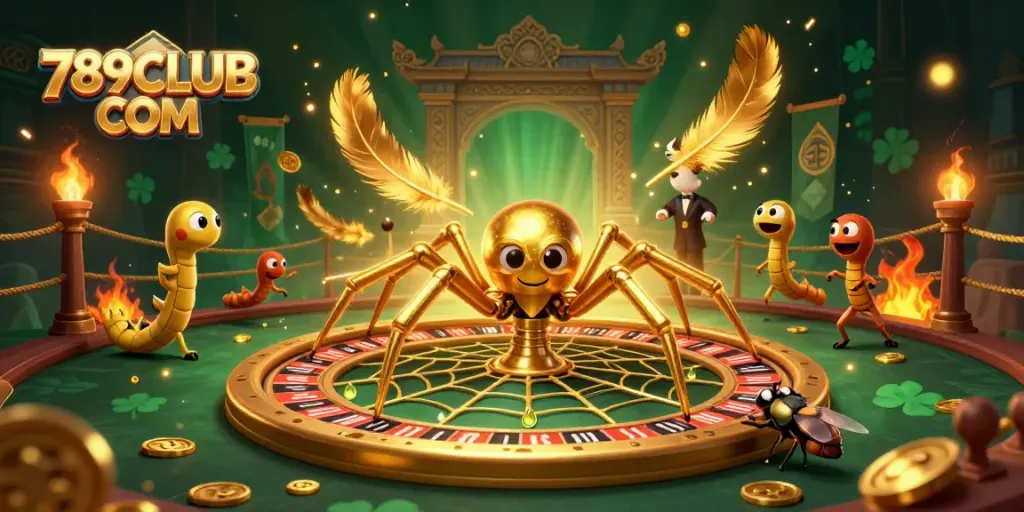 Experience thrilling wins with 789CLUB COM as golden spider spins a roulette wheel in a vibrant casino scene.