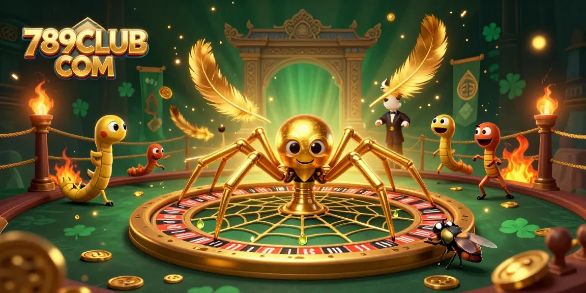 Experience thrilling wins with 789CLUB COM as golden spider spins a roulette wheel in a vibrant casino scene.