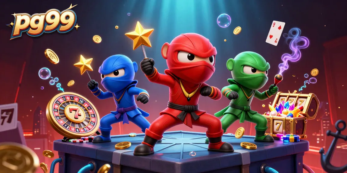 Engage with pg99 through an exciting 3D scene filled with dynamic slot elements and chameleon ninjas.