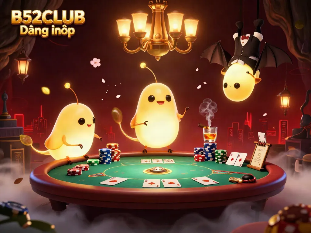 Experience the excitement of B52CLUB Đăng nhập with glowworms lighting up an animated poker scene.