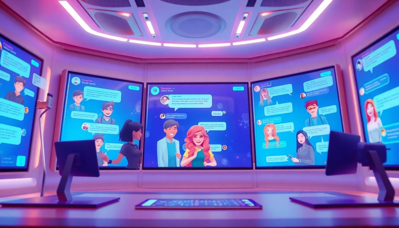 Dynamic virtual chat scene showcasing CrushOn AI interactions with animated characters.